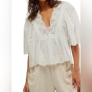 Free People Costa Eyelet V Neck Short Sleeve Top NWT Medium
